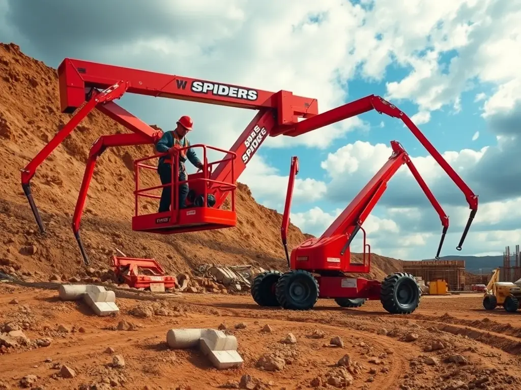 A spider boom lift set up on uneven terrain, demonstrating its adaptability and stability in challenging environments.