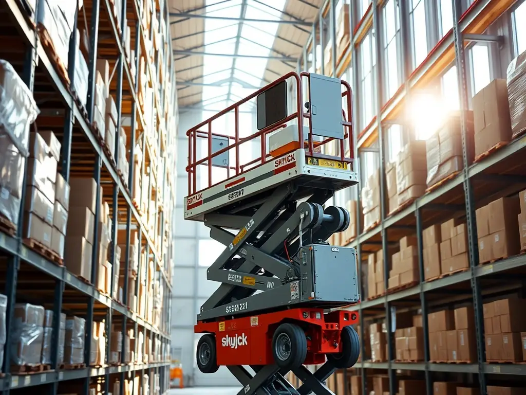 A narrow aisle scissor lift, such as a Skyjack SJ3219, working in a tight warehouse aisle, demonstrating its compact size and maneuverability.