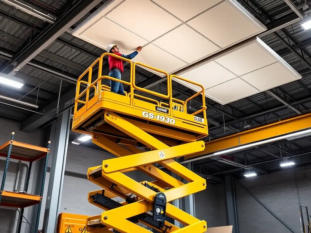 A well-lit indoor construction site featuring a Genie GS-1930 electric scissor lift, with a worker safely operating it while installing ceiling panels.